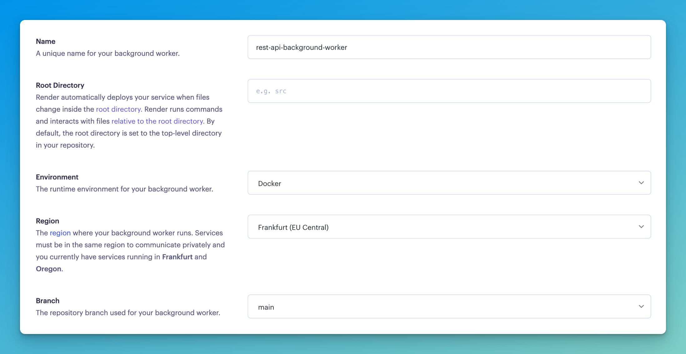 Filling in the Render basic worker information with its name set to &#39;rest-api-background-worker&#39;, environment set to &#39;docker&#39;, and region set to &#39;Frankfurt&#39;